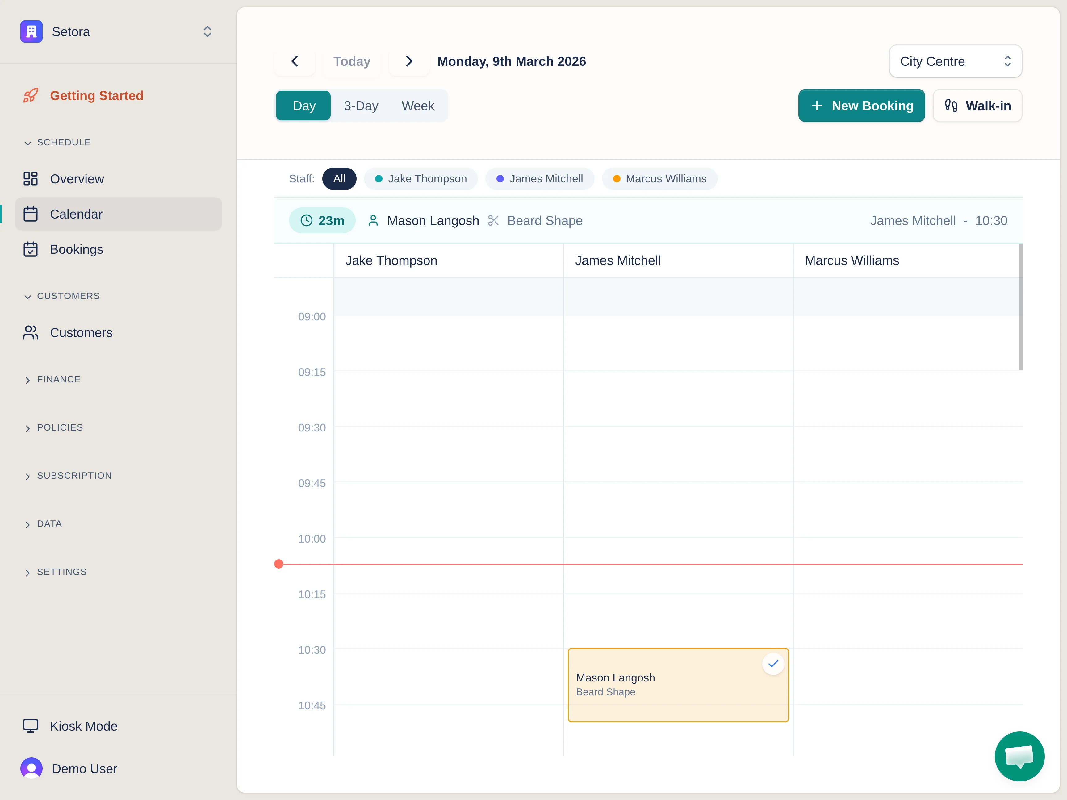 Setora calendar view showing multi-chair schedules across the week